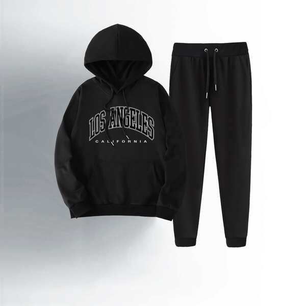 

Men Letter Graphic Hoodie & Drawstring Waist Sweatpants, Black