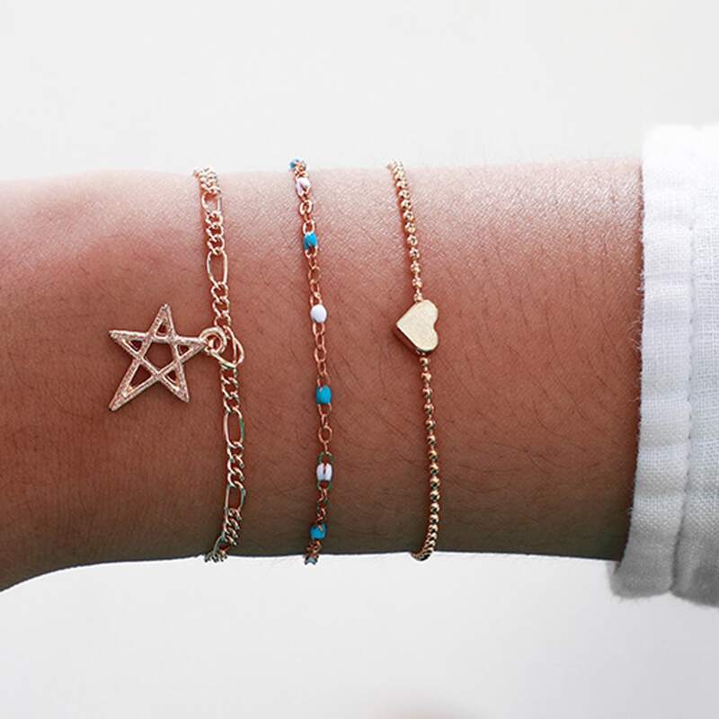 

3pcs Heart & Star Beaded Bracelet, Gold