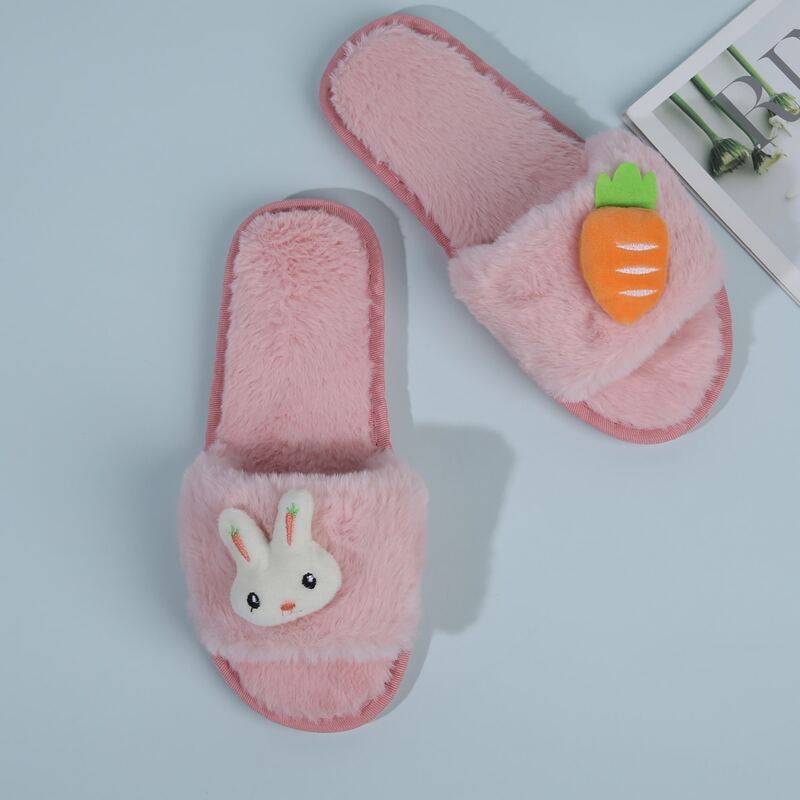 

Rabbit & Carrot Fluffy Slippers, Pink
