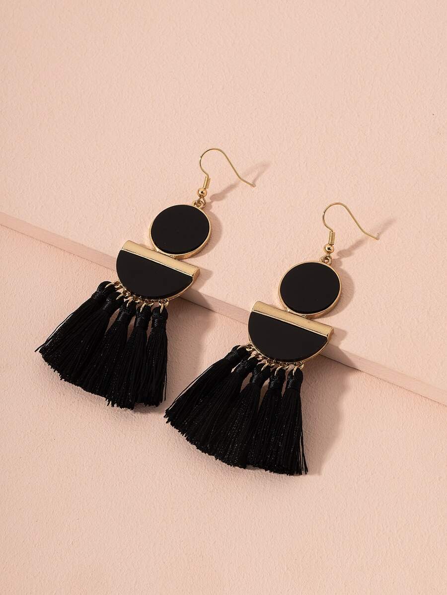 Tassel Drop Earrings - Black - View 1
