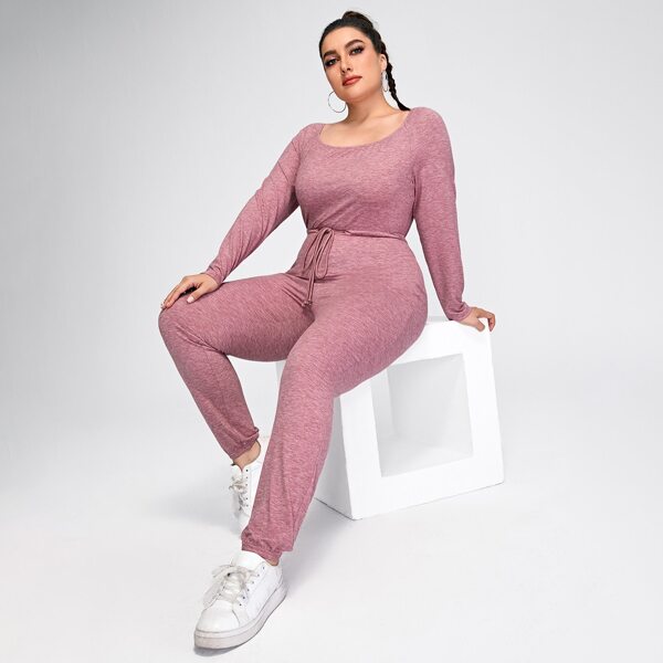 

Plus Scoop Neck Drawstring Waist Jumpsuit, Dusty pink
