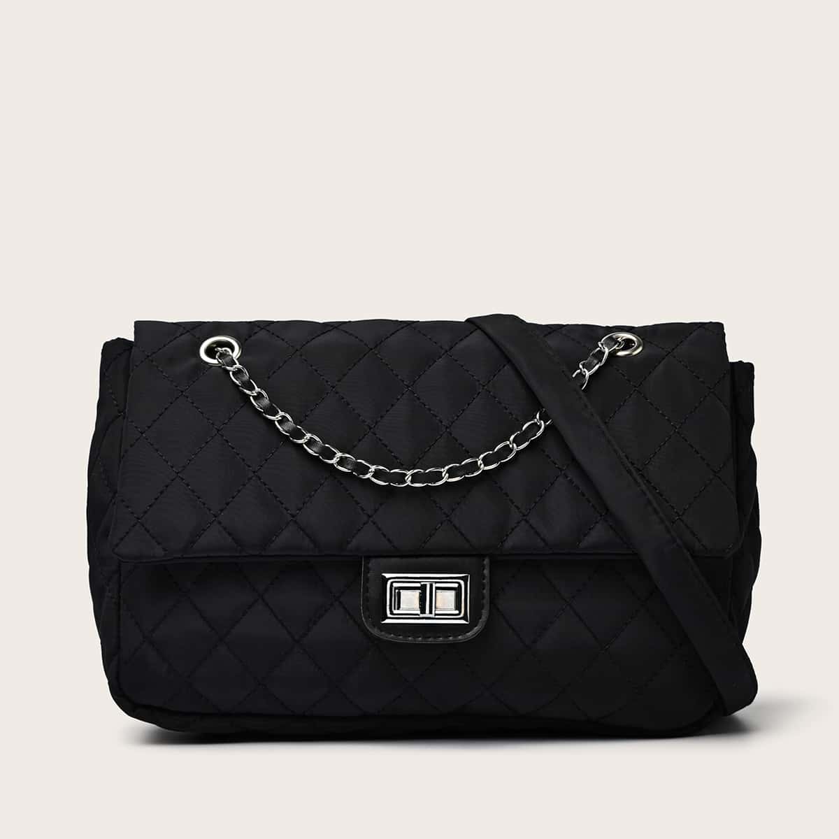 

Quilted Chain Tote Bag, Black