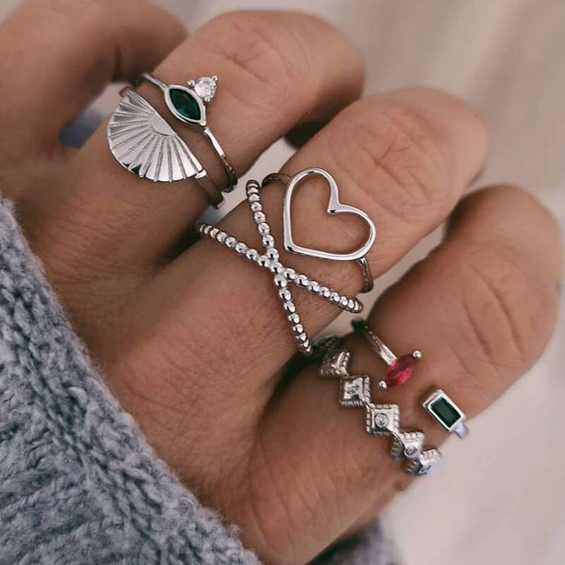 

6pcs Rhinestone & Heart Ring, Silver