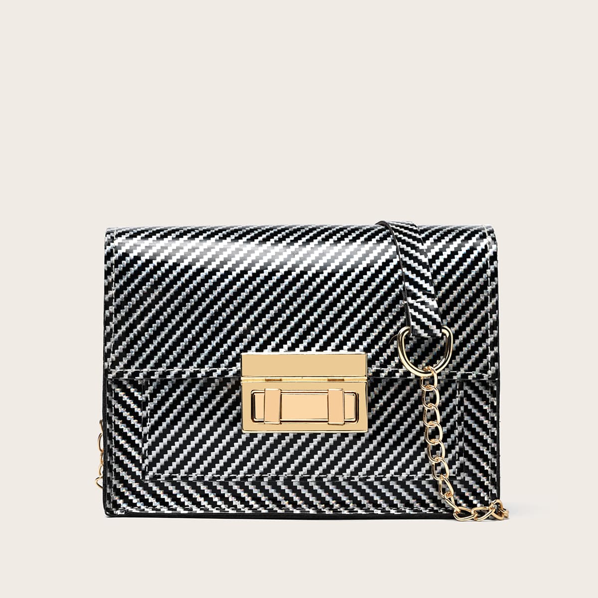 

Striped Flap Crossbody Bag, Black and white