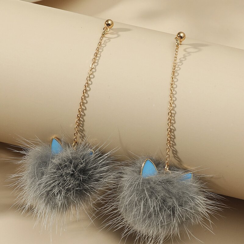 

Pom Pom Chain Drop Earrings, Grey