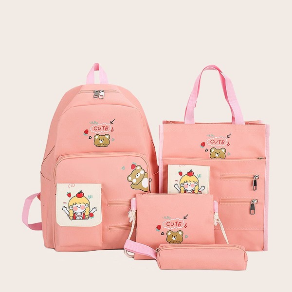 

4pcs Girls Cartoon Graphic Zip Front Backpack Set, Pink