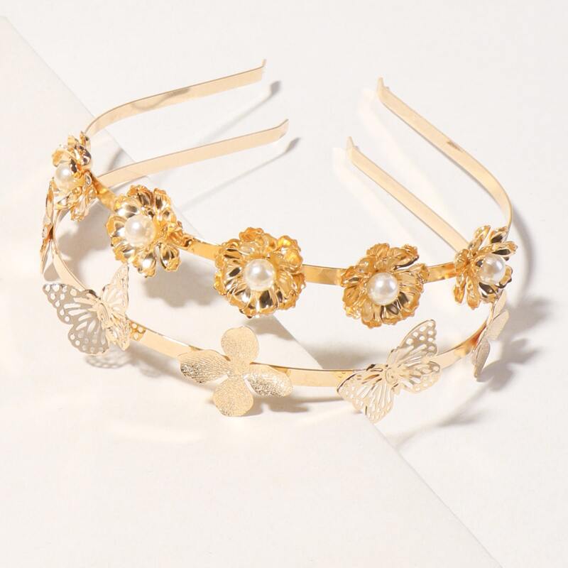 

2pcs Faux Pearl Flower Hair Hoop, Gold