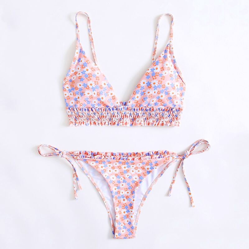 

Ditsy Floral Shirred Tie Side Bikini Swimsuit, Multicolor