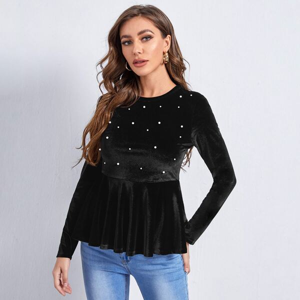 

Pearls Beaded Velvet Peplum Top, Black