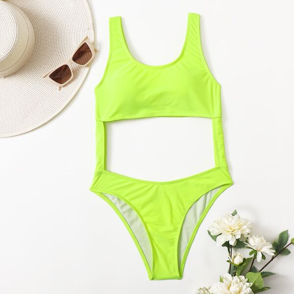 

с разрезом Одноцветный Повседневный слитный, Зеленый лайм