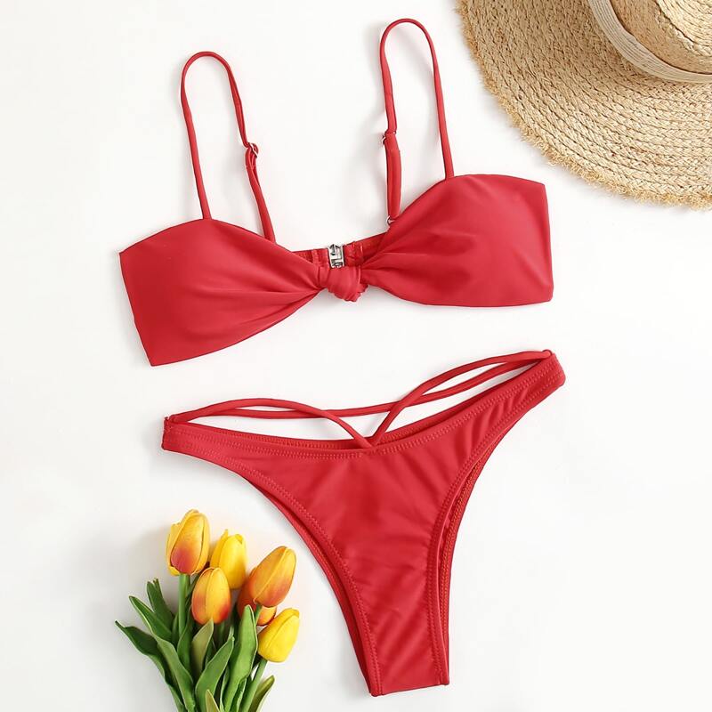 

Solid Twist Cut Out Bikini Swimsuit, Red