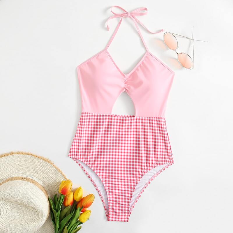 

Gingham Cut Out One Piece Swimsuit, Baby pink