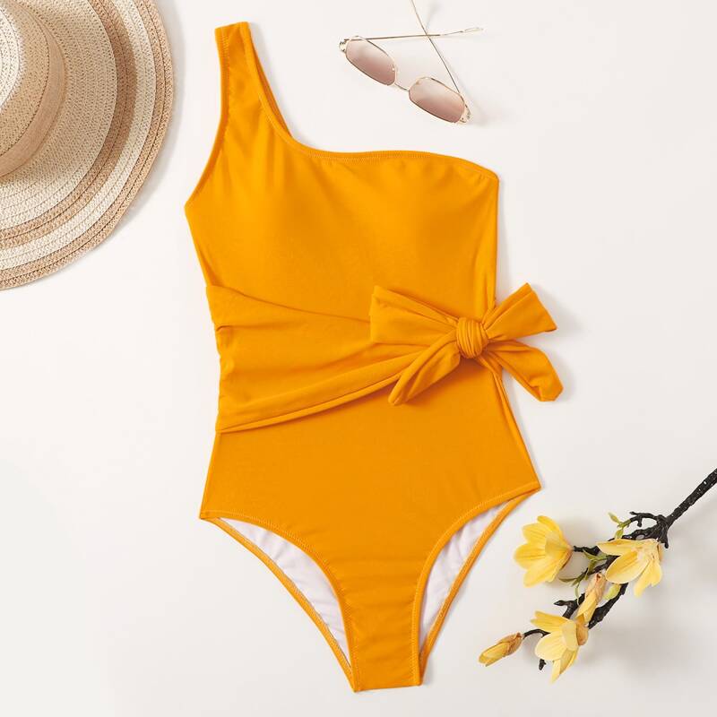 

One Shoulder Tie Front One Piece Swimsuit, Mustard yellow