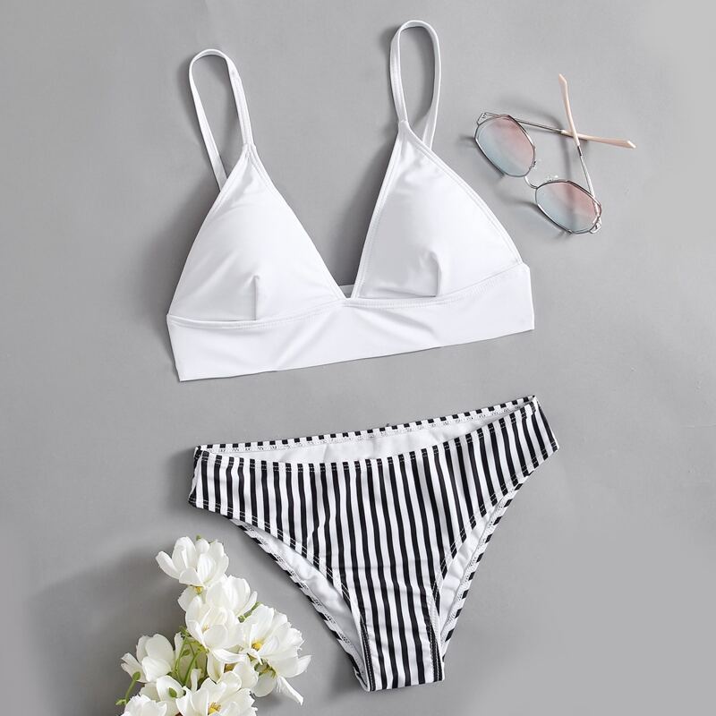 

Striped Triangle Bikini Swimsuit, Black and white