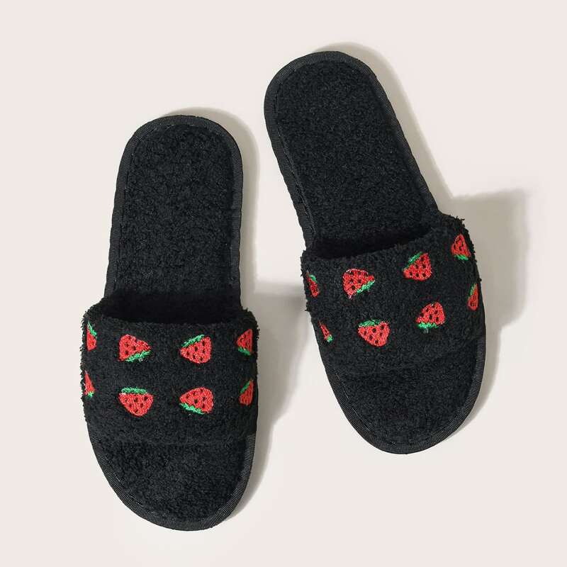 

Strawberry Embroidery Fluffy Slippers, Black