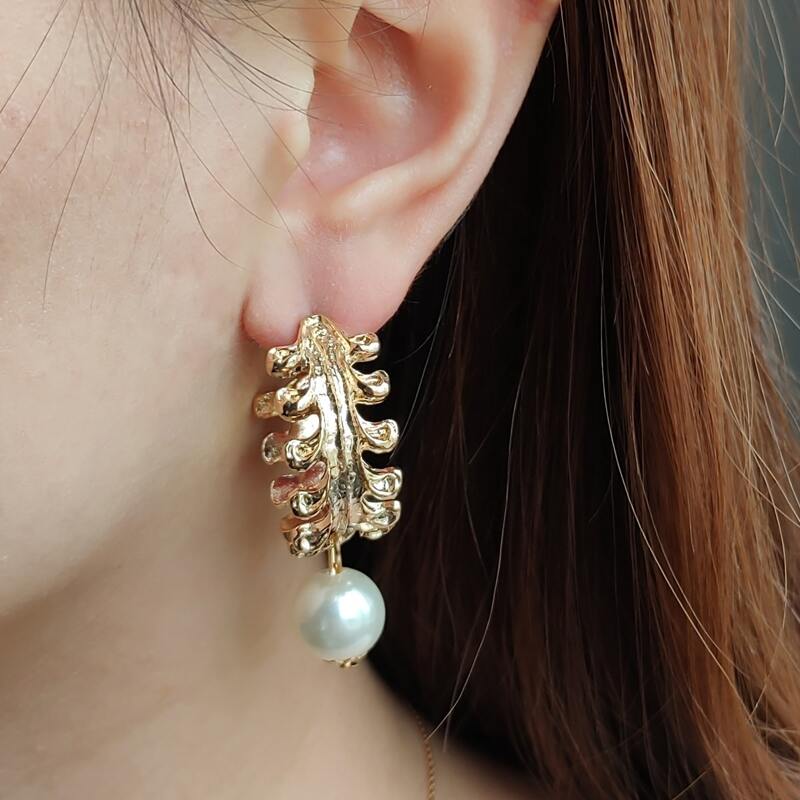 

Leaf & Faux Pearl Hoop Earrings, Gold