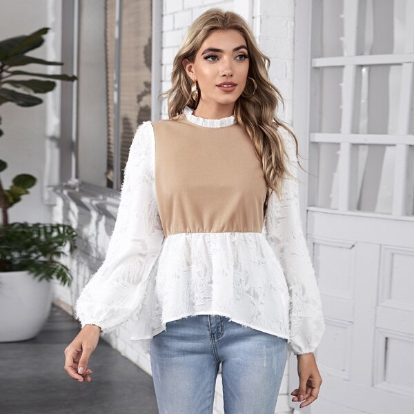 

Two Tone Fuzzy & Puff Sleeve High Low Hem Top, Multicolor