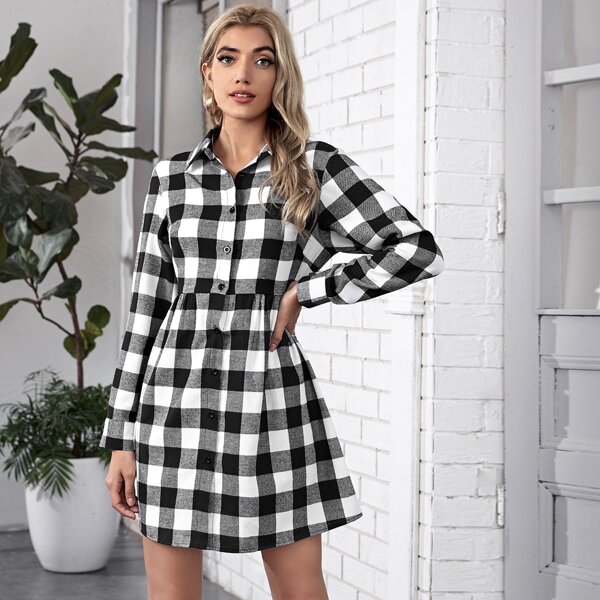 

Buffalo Plaid Half Button Shirt Dress, Black and white