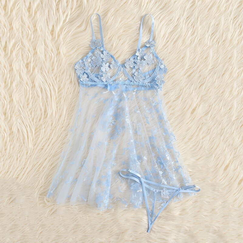 

Mesh Floral Sheer Lingerie Set, Baby blue