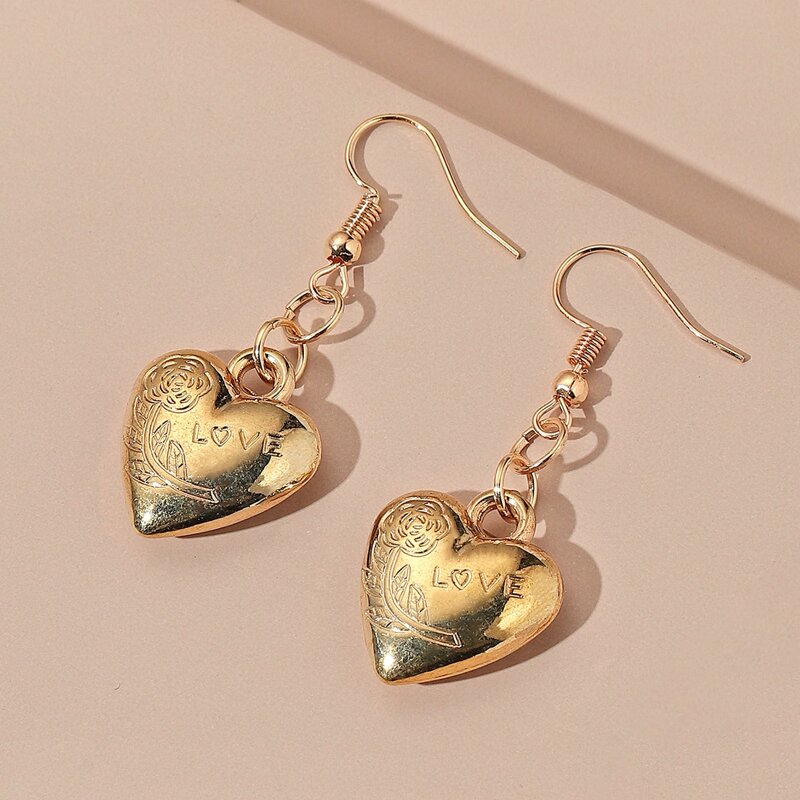 

Rose Engraved Heart Drop Earrings, Gold