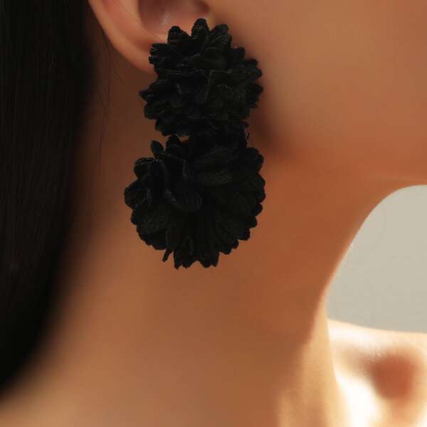 

Fabric Flower Decor Drop Earrings, Black