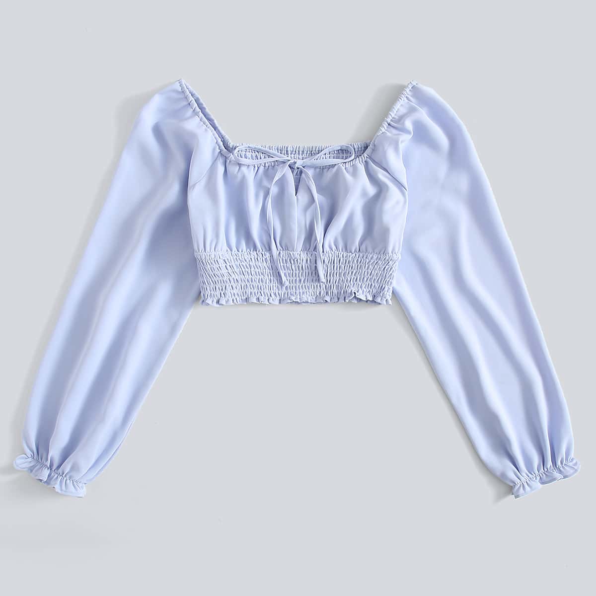 

Tie Front Shirred Crop Top, Baby blue