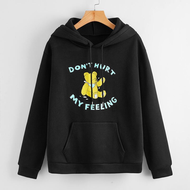 

Cartoon Bear & Slogan Graphic Drawstring Hoodie, Black