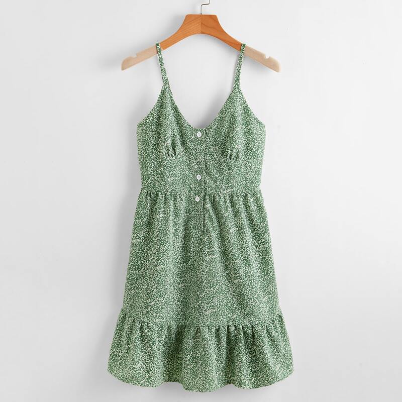 

Ditsy Flower Button Front Cami Dress, Green