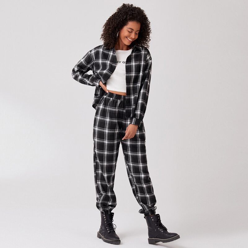 

Plaid Button Front Blouse & High Waist Joggers, Multicolor