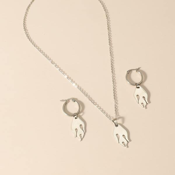

1pair Flame Drop Earrings & 1pc Necklace, Silver