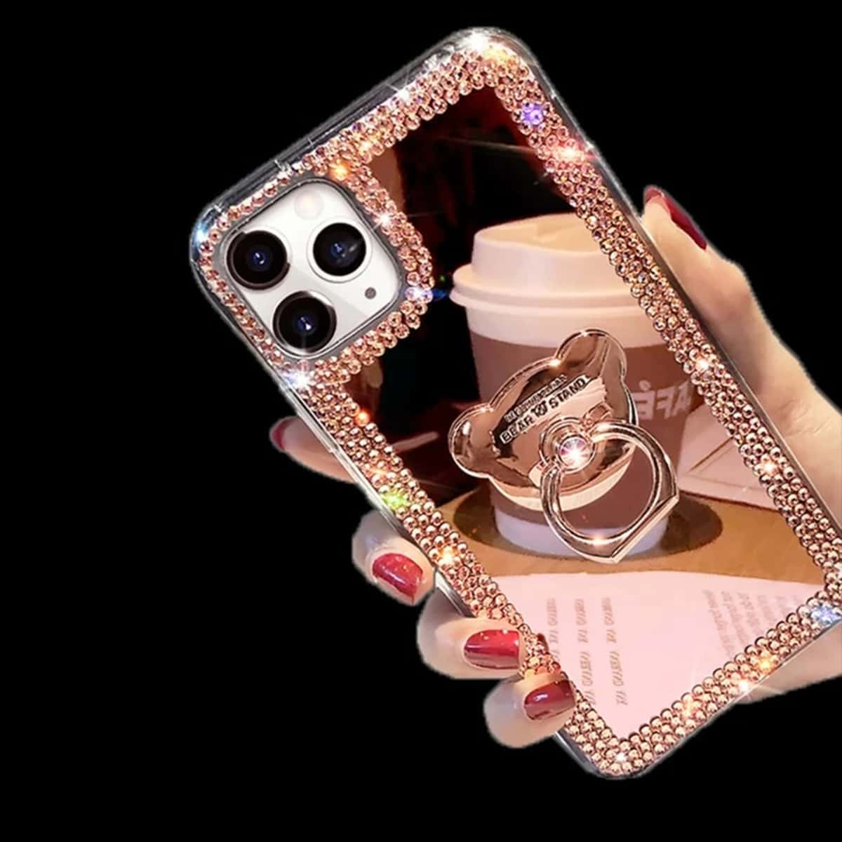 

Rhinestone Mirror iPhone Case With Holder, Rose gold