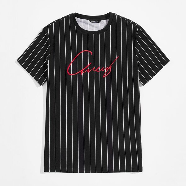 

Men Letter Embroidery Striped Tee, Black