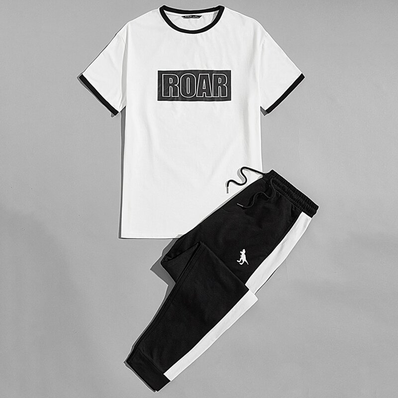 

Guys Letter Graphic Ringer Tee & Dinosaur Print Sweatpants Set, Black and white