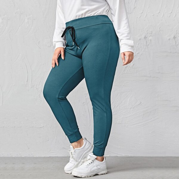 

Plus Drawstring Waist Solid Pants, Teal blue