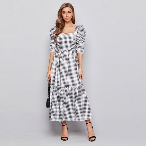 

Square Neck Puff Sleeve Frill Trim Gingham Dress, Black and white