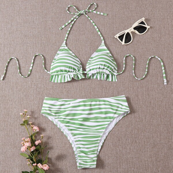

Zebra Stripe Ruffle Halter Bikini Swimsuit, Green
