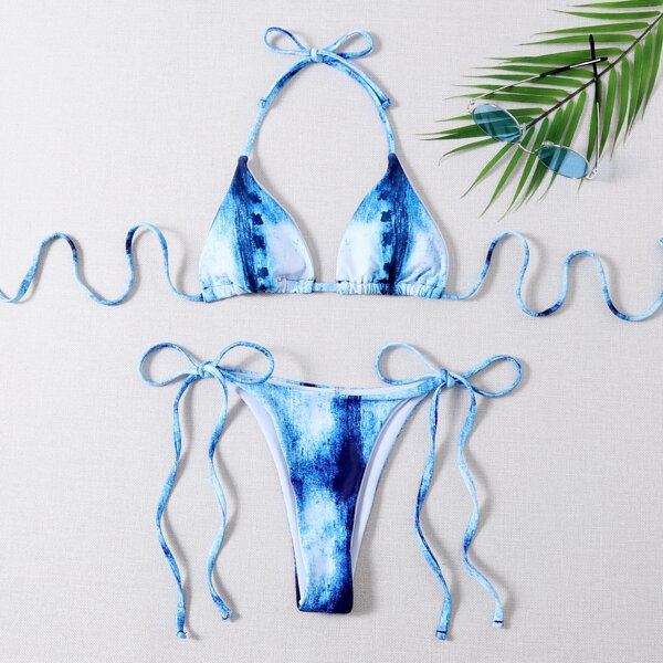 

Tie Dye Triangle Tie Side Bikini Swimsuit, Blue and white