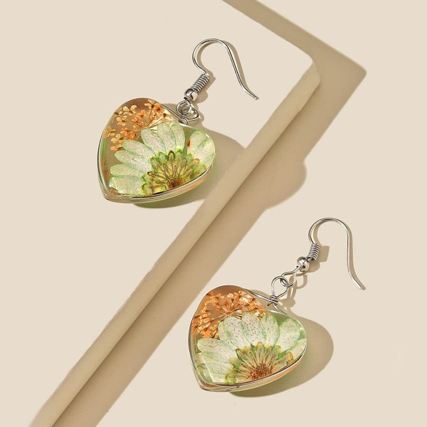 

Flower Design Heart Charm Drop Earrings, Multicolor