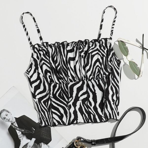 

Ruched Bust Seam Front Zebra Striped Cami Top, Black and white