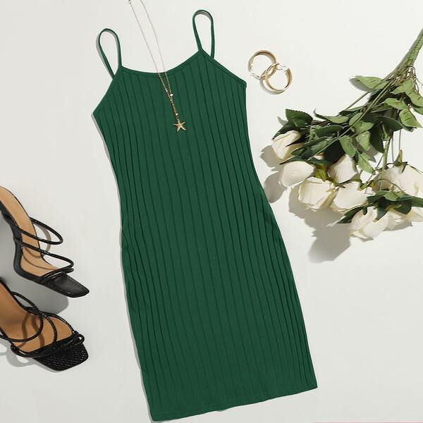 

Rib-knit Solid Bodycon Dress, Dark green
