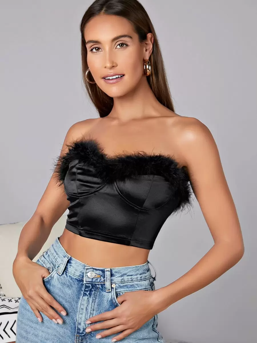 SHEIN Fuzzy Trim Satin Tube Top - Black - View 1