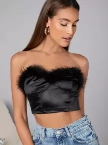 SHEIN Fuzzy Trim Satin Tube Top - Black - View 4