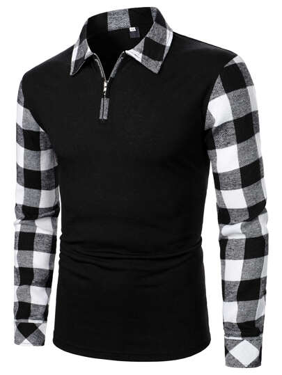قميص بولو بسحاب ربع مع رسم مربعات متباين، للخريف