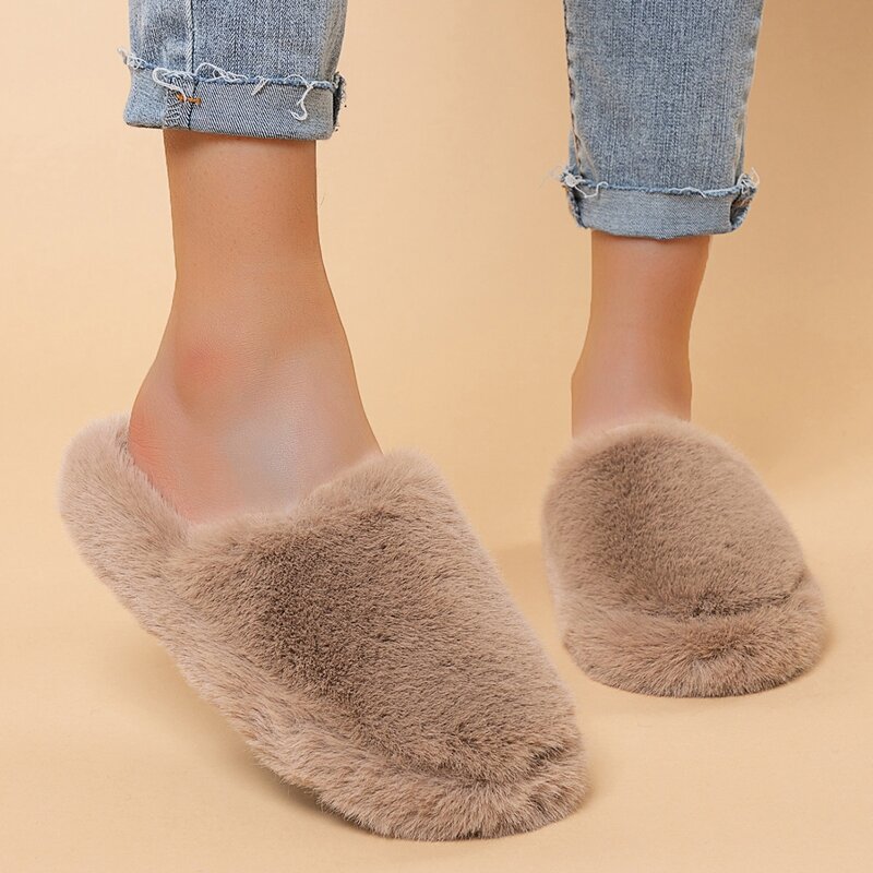 

Round Toe Fluffy Bedroom Slippers, Khaki