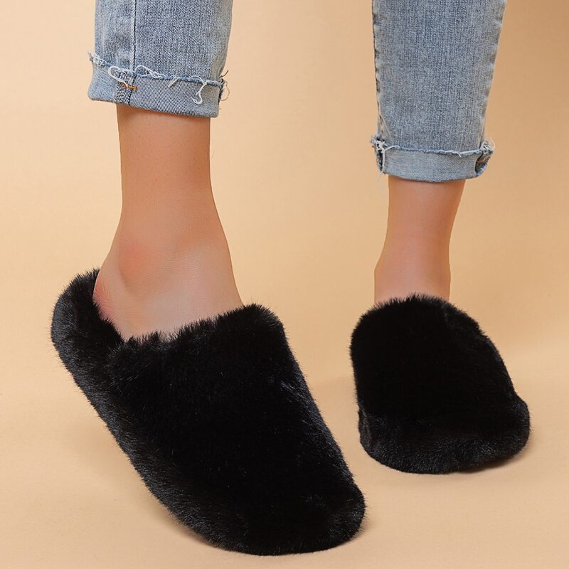 

Round Toe Fluffy Bedroom Slippers, Black