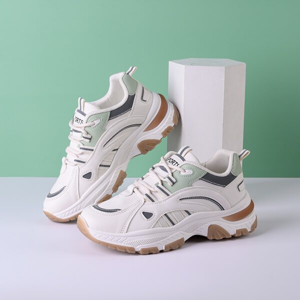 

Lace-up Front Letter Graphic Chunky Sneakers, Beige