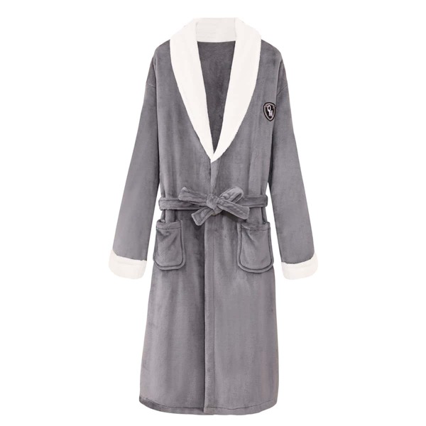 

Men Letter Embroidery Self Tie Flannel Robe, Grey