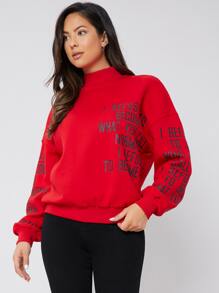 SHEIN Unity Mock Neck Drop Shoulder Slogan Graphic Pullover - Red - View 3