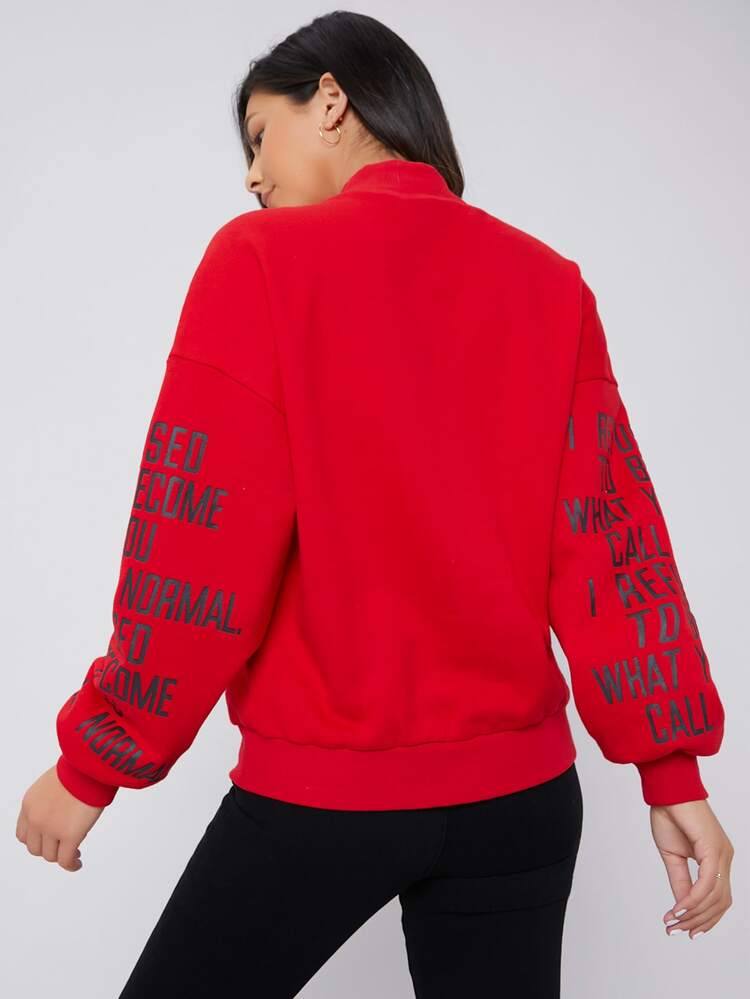 Mock Neck Drop Shoulder Slogan Graphic Pullover