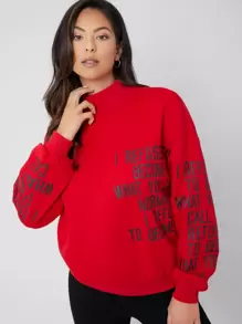 SHEIN Unity Mock Neck Drop Shoulder Slogan Graphic Pullover - Red - View 1